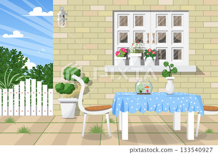terrace with dining table on brick wall background terrace with dining table on brick wall background 133540927