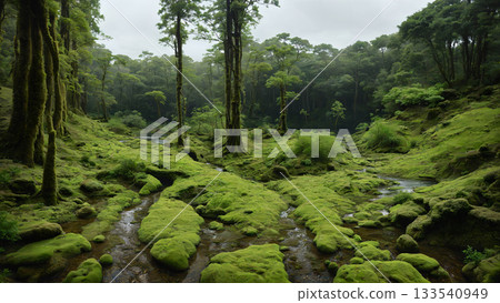 A mysterious and humid deep forest landscape created by vibrant moss and ancient trees A mysterious and humid deep forest landscape created by vibrant moss and ancient trees 133540949