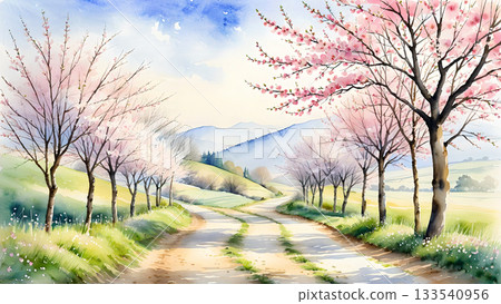 A spring path with a watercolor-style cherry blossom tree line. A path symbolizing departure and hope. A spring path with a watercolor-style cherry blossom tree line. A path symbolizing departure and hope. 133540956