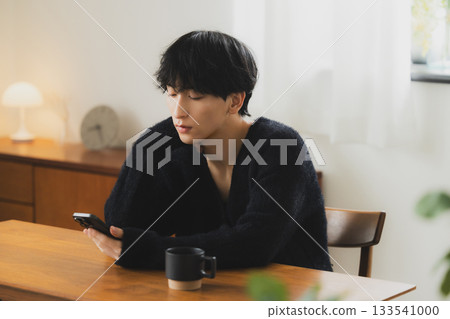 Young man looking at a smartphone in the room 133541000