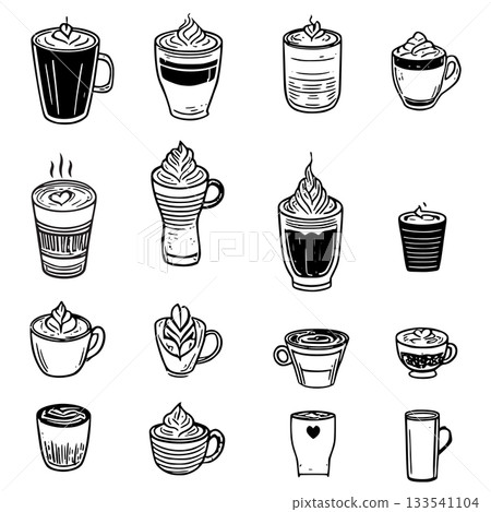 This is a collection of 16 hand-drawn coffee and latte icons, presented in a clean black and white sketch style. The illustrations feature various coffee drinks topped with distinct whipped cream or f 133541104