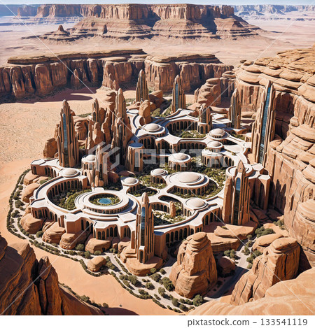 A futuristic city of an ancient civilization built in a desolate desert valley (SF) A futuristic city of an ancient civilization built in a desolate desert valley (SF) 133541119