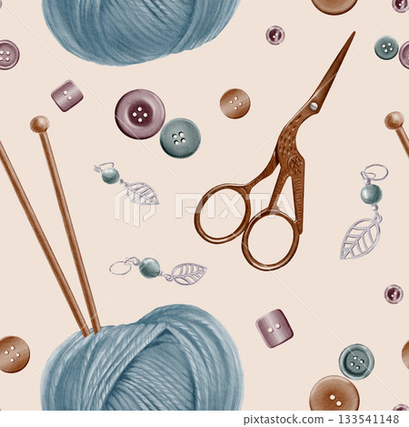Knitting pattern with ball of yarn with wooden spokes stuck into it,copper crane scissors,buttons,markers in watercolor illustration as symbol of needlework,knitting, crochet,hand made hobby 133541148