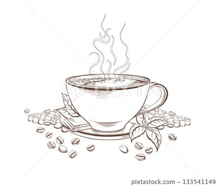 Wide cup of steaming coffee with scattered beans, mint leaves, and bar of chocolate. Hand drawn ink graphics in simple style as template for cafe,menu or decor of cofeeshop 133541149