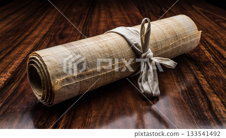 Papyrus scrolls tied with cloth ribbons: ancient documents symbolizing secrecy and authority 133541492