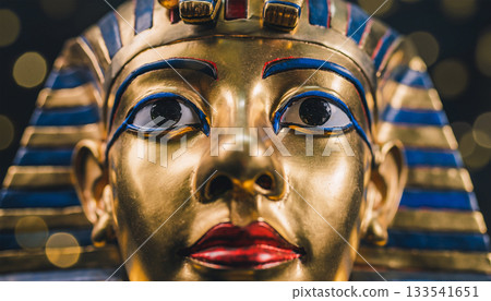 黃金面具特寫:古埃及的珍寶,象徵財富和威望。 黃金面具特寫:古埃及的珍寶,象徵財富和威望。 133541651