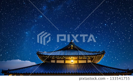 A starry sky and Japanese tiled roofs - a solemn and fantastic night view of a temple A starry sky and Japanese tiled roofs - a solemn and fantastic night view of a temple 133541755