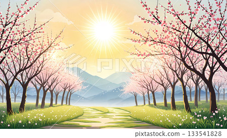 一幅充滿希望的春日風景畫，陽光燦爛，櫻花盛開的大道通往未來。 133541828