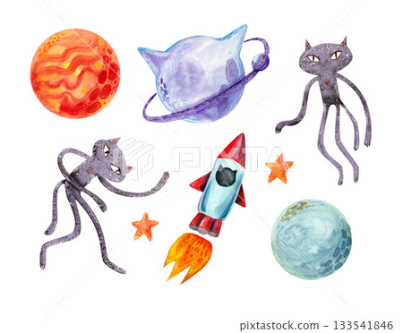 A large set of vibrant watercolor illustrations on a space theme with cat characters. Isolated objects for children's and holiday textile design, packaging, and printed materials. 133541846