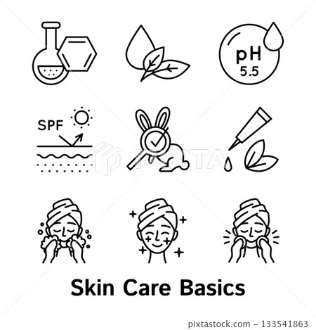 Skin Care Basic Sign Black Thin Line Icon Set Include of Washing Face, Spf and Neutral Ph.. Vector illustration of Icons 133541863