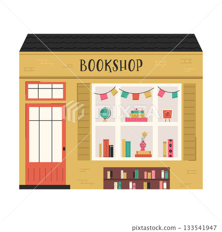 Cute Bookshop Building Illustration, Cozy Bookstore Front with Books and Decor, Flat Cartoon Vector 133541947