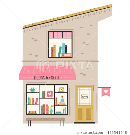 Cute Cartoon Bookstore and Coffee Shop Facade Building with Books and Pink Awning 133541948