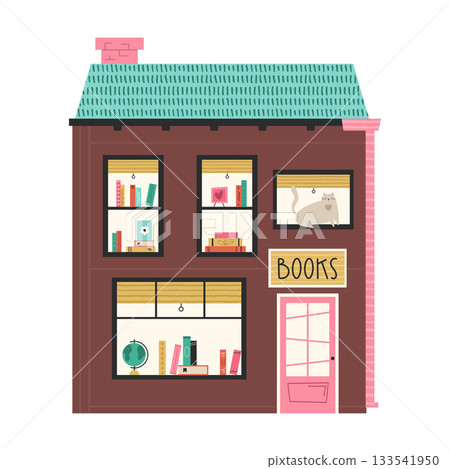 Cute Bookstore Building Illustration with Cozy Windows, Cat, Bookshelves. Whimsical Flat Design 133541950