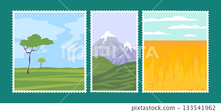 Cartoon Color Different Vintage World Travel Post Card Set Landscape View Concept Flat Design Style. Vector illustration Cartoon Color Different Vintage World Travel Post Card Set Landscape View Concept Flat Design Style. Vector illustration 133541962
