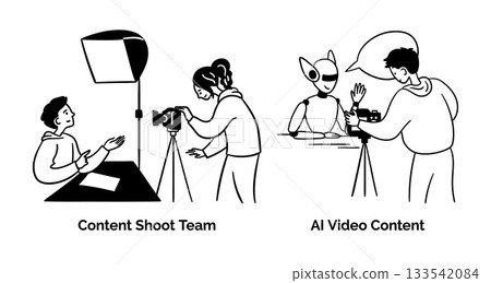 Cartoon Content Shoot Team and Ai Video Creation Scenes Concept Set Flat Design Style with Elements Thin Line. Vector illustration 133542084