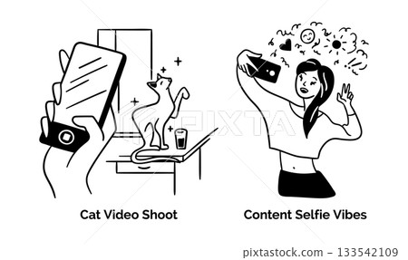 Cartoon Cat Video Shoot and Selfie Vibes Content Creation Scenes Concept Set Flat Design Style with Elements Thin Line. Vector illustration 133542109