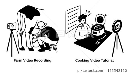 Cartoon Farm Video Recording and Cooking Tutorial Content Creation Scenes Concept Set Flat Design Style with Elements Thin Line. Vector illustration 133542130