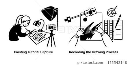 Cartoon Painting Tutorial Capture and Recoding Drawing Process Content Creation Scenes Concept Set Flat Design Style with Elements Thin Line. Vector illustration 133542148