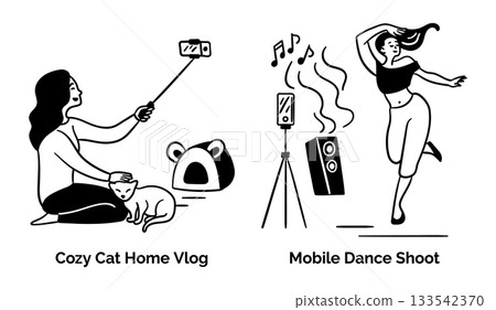 Cartoon Cozy Cat Home Vlog and Mobile Dance Shoot Content Creation Scenes Concept Set Flat Design Style with Elements Thin Line. Vector illustration Cartoon Cozy Cat Home Vlog and Mobile Dance Shoot Content Creation Scenes Concept Set Flat Design Style with Elements Thin Line. Vector illustration 133542370