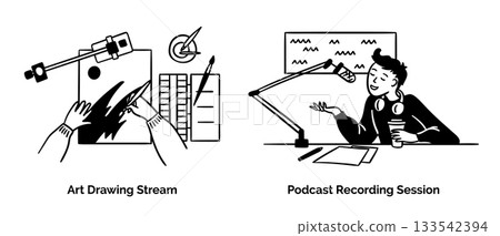 Cartoon Art Drawing Stream and Podcast Recording Session Content Creation Scenes Concept Set Flat Design Style with Elements Thin Line. Vector illustration Cartoon Art Drawing Stream and Podcast Recording Session Content Creation Scenes Concept Set Flat Design Style with Elements Thin Line. Vector illustration 133542394