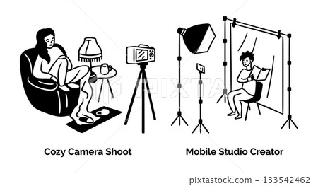 Cartoon Cozy Camera Shoot and Mobile Studio Content Creation Scenes Concept Set Flat Design Style with Elements Thin Line. Vector illustration Cartoon Cozy Camera Shoot and Mobile Studio Content Creation Scenes Concept Set Flat Design Style with Elements Thin Line. Vector illustration 133542462