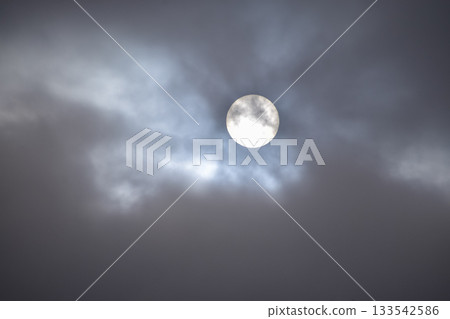 Full moon with dramatic cloudscape. Cloudy overcast sky with moon. Nature scene. 133542586