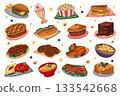 Set of American food. Vector isolated meal or nutrient, cooking dish or nutrition. Cuisine for cafe menu. Culinary for breakfast or lunch, dinner or brunch. Fast and street nutrient. Hotdog and burger 133542668