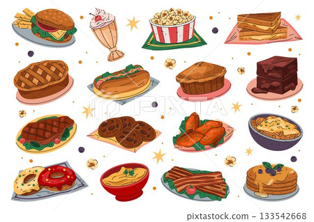 Set of American food. Vector isolated meal or nutrient, cooking dish or nutrition. Cuisine for cafe menu. Culinary for breakfast or lunch, dinner or brunch. Fast and street nutrient. Hotdog and burger Set of American food. Vector isolated meal or nutrient, cooking dish or nutrition. Cuisine for cafe menu. Culinary for breakfast or lunch, dinner or brunch. Fast and street nutrient. Hotdog and burger 133542668