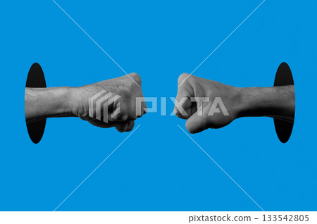 Man giving fist bump. Human hand in pop art style. Retro halftone fist collage. 133542805