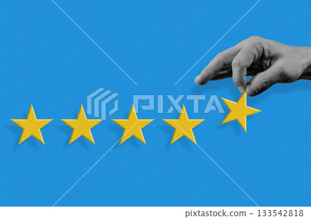 Hand holds gold five star rating. Halftone collage Five star for quality customer rating. Hand holds gold five star rating. Halftone collage Five star for quality customer rating. 133542818