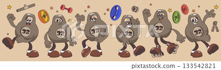 Groovy retro cartoon kettlebell mascot character 133542821