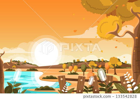 autumn with landscape tree and river and flower 133542828
