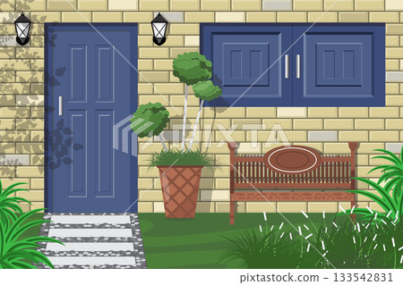 wooden bench on brick house with window 133542831