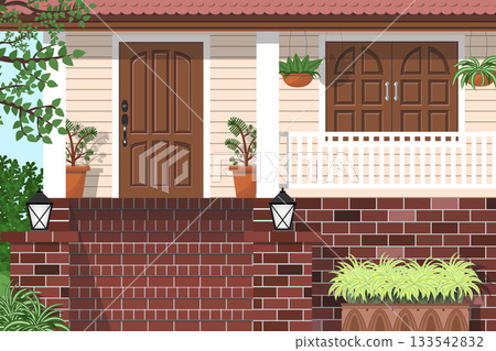 a wooden house with plants on a brick stairway a wooden house with plants on a brick stairway 133542832