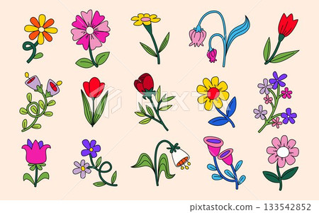 Groovy flower vector set with cute daisy patterns Groovy flower vector set with cute daisy patterns 133542852