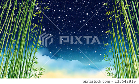 A fantastic summer night with a bamboo forest and a starry sky painted with watercolors 133542919