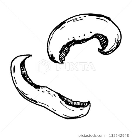 Black and white vector illustration of sliced mushrooms with curved caps and exposed gills. Suitable for ingredient sets, recipe layouts, kitchen graphics, pasta dishes and pizza toppings. Black and white vector illustration of sliced mushrooms with curved caps and exposed gills. Suitable for ingredient sets, recipe layouts, kitchen graphics, pasta dishes and pizza toppings. 133542948