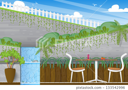 scenes with exterior garden with small waterfall  133542996