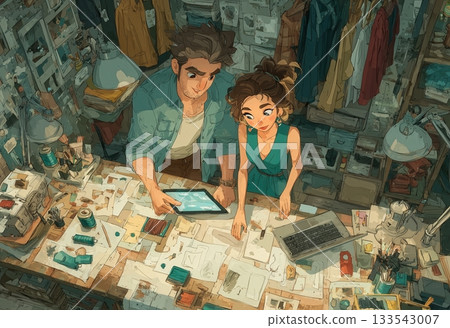 Fashion designers work on creative sketches in the studio. 133543007