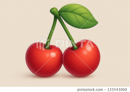 Red cherries with green leaves in a simple design. 133543008