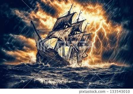 A majestic ship braves a fierce storm in turbulent waters under ominous skies A majestic ship braves a fierce storm in turbulent waters under ominous skies 133543010
