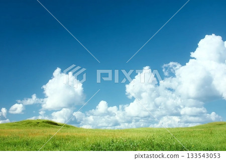 Green grass field on small hills and blue sky with clouds. Green grass field on small hills and blue sky with clouds. 133543053