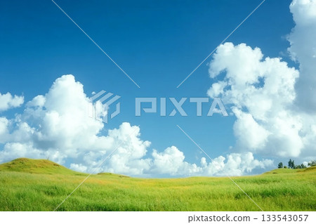 Green grass field on small hills and blue sky with clouds. 133543057