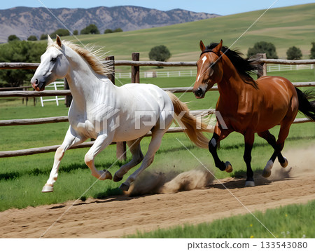 Two horses galloping in front of a ranch fence 133543080