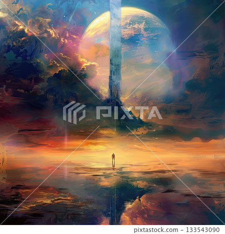 In the heart of a mesmerizing alien landscape, a lone man gazes out over an expanse of fantastical celestial formations. In the heart of a mesmerizing alien landscape, a lone man gazes out over an expanse of fantastical celestial formations. 133543090