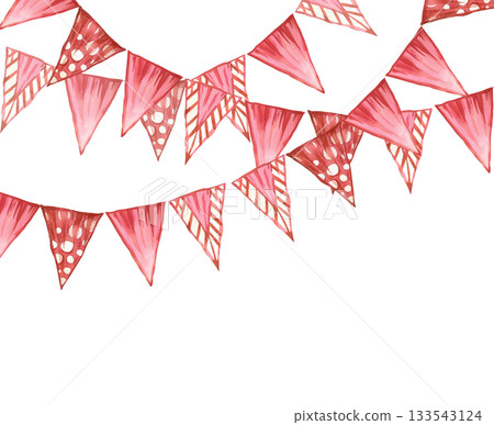 A frame of flags and garlands, all objects are hand-painted in watercolor. The illustration is perfect for postcards, invitations, printing on paper and fabric. 133543124