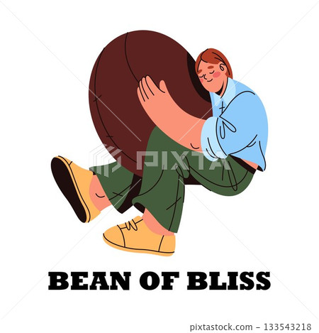 Man with coffee beans or grain. Vector slogan for hot beverage. Cartoon poster or placard for cafe drink. Coffeeshop branding or bistro advertising. Kernel with motivation phrase. Espresso takeaway. Man with coffee beans or grain. Vector slogan for hot beverage. Cartoon poster or placard for cafe drink. Coffeeshop branding or bistro advertising. Kernel with motivation phrase. Espresso takeaway. 133543218