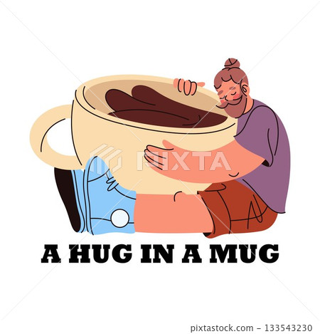Barista hugging coffee cup. Vector coffeeshop poster with slogan. Branding and marketing sign for cafe or bistro, store takeaway. Caffeine energy drink advertising, lettering phrase. Beverage, drink. Barista hugging coffee cup. Vector coffeeshop poster with slogan. Branding and marketing sign for cafe or bistro, store takeaway. Caffeine energy drink advertising, lettering phrase. Beverage, drink. 133543230
