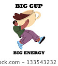 Vector poster with coffee lover phrase. Beverage slogan for cup of energy. Man holding morning cappuccino or latte drink. Barista bringing espresso. Branding and marketing for cafe takeaway. 133543232