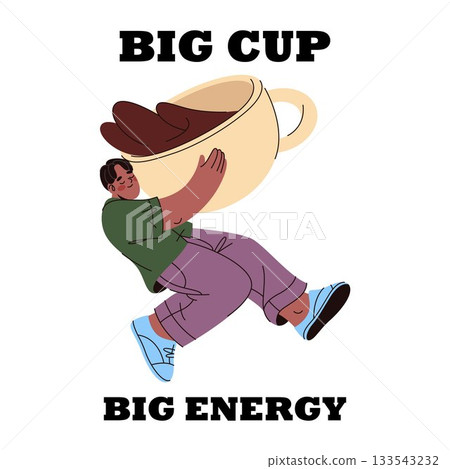 Vector poster with coffee lover phrase. Beverage slogan for cup of energy. Man holding morning cappuccino or latte drink. Barista bringing espresso. Branding and marketing for cafe takeaway. Vector poster with coffee lover phrase. Beverage slogan for cup of energy. Man holding morning cappuccino or latte drink. Barista bringing espresso. Branding and marketing for cafe takeaway. 133543232